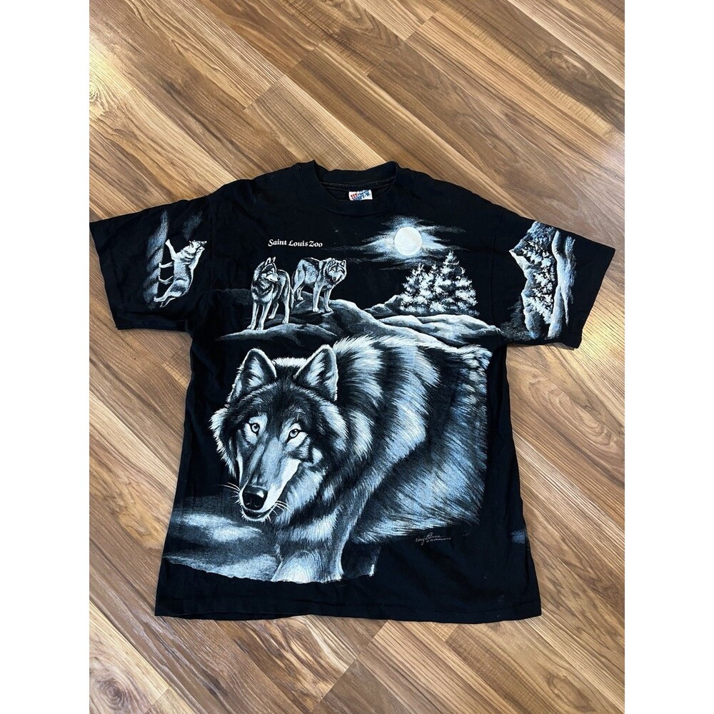 Vintage 1994 Wolves AOP Front And Back Hanes Beefy T Shirt Large